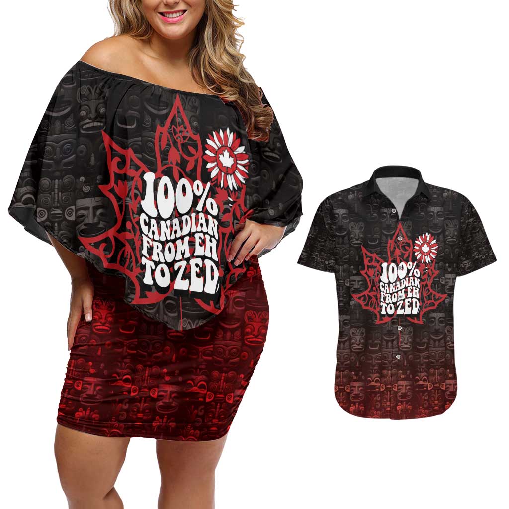 100% Canadian From Eh To Zed Couples Matching Off Shoulder Short Dress and Hawaiian Shirt True North Strong and Free