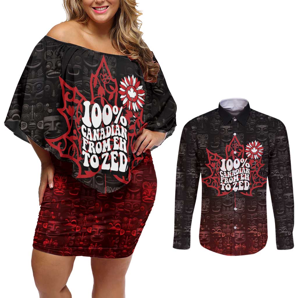 100% Canadian From Eh To Zed Couples Matching Off Shoulder Short Dress and Long Sleeve Button Shirt True North Strong and Free