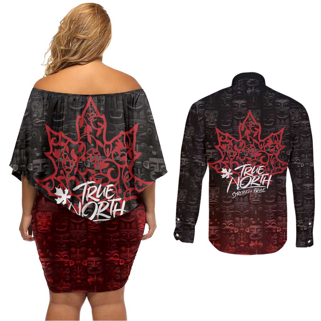 100% Canadian From Eh To Zed Couples Matching Off Shoulder Short Dress and Long Sleeve Button Shirt True North Strong and Free