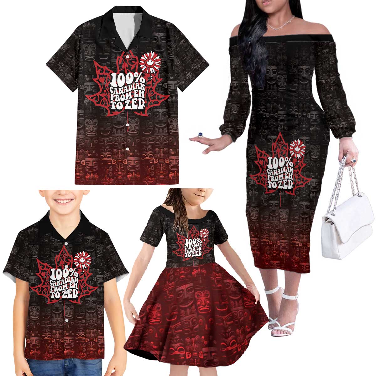 100% Canadian From Eh To Zed Family Matching Off The Shoulder Long Sleeve Dress and Hawaiian Shirt True North Strong and Free