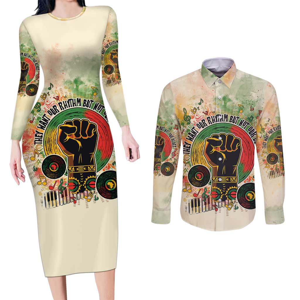 They Want Our Rhythm Not Our Blues Couples Matching Long Sleeve Bodycon Dress and Long Sleeve Button Shirt African Music Pride