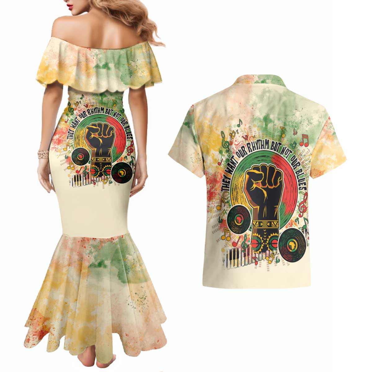 They Want Our Rhythm Not Our Blues Couples Matching Mermaid Dress and Hawaiian Shirt African Music Pride