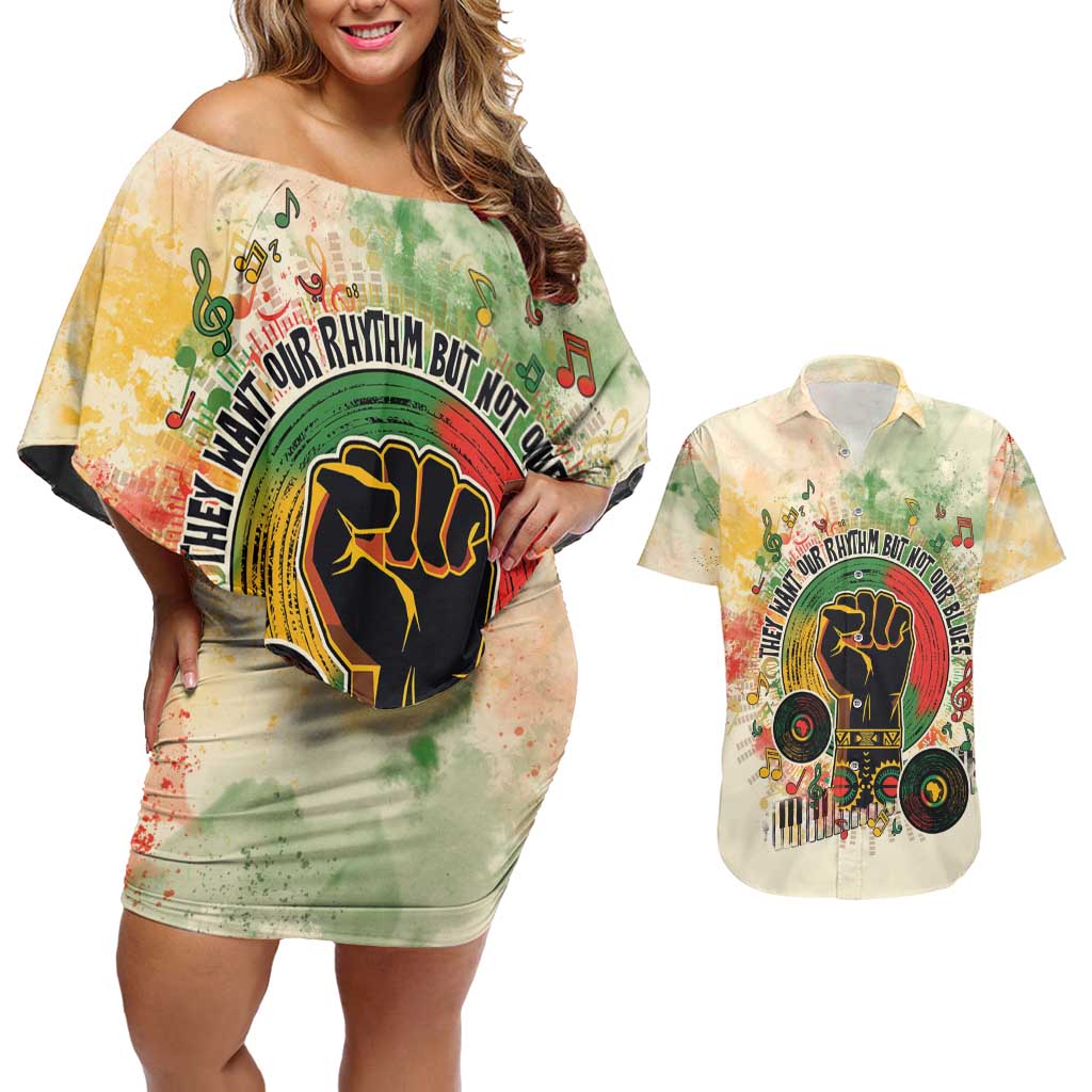 They Want Our Rhythm Not Our Blues Couples Matching Off Shoulder Short Dress and Hawaiian Shirt African Music Pride