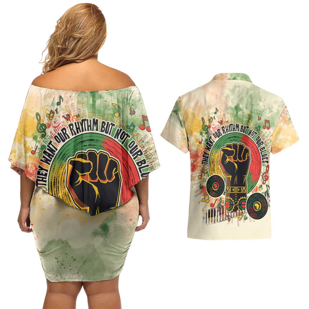 They Want Our Rhythm Not Our Blues Couples Matching Off Shoulder Short Dress and Hawaiian Shirt African Music Pride