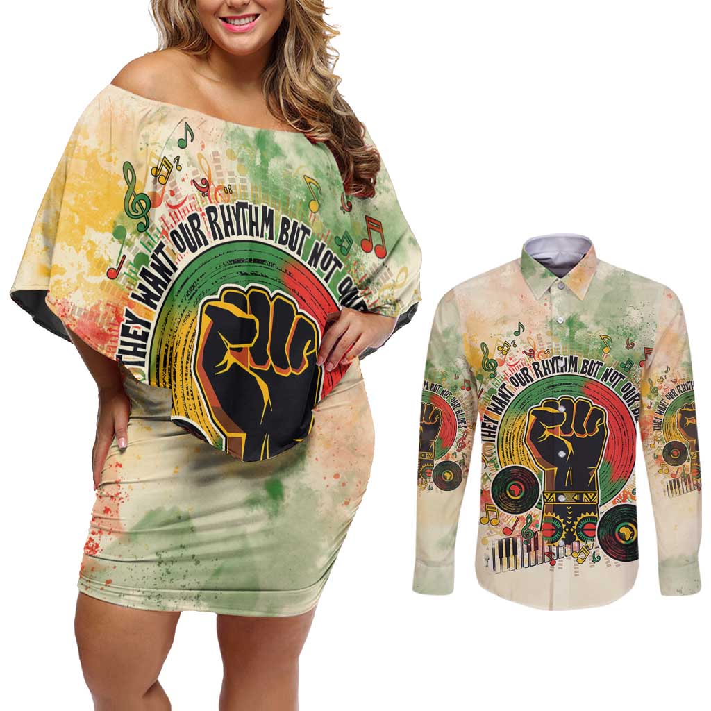 They Want Our Rhythm Not Our Blues Couples Matching Off Shoulder Short Dress and Long Sleeve Button Shirt African Music Pride