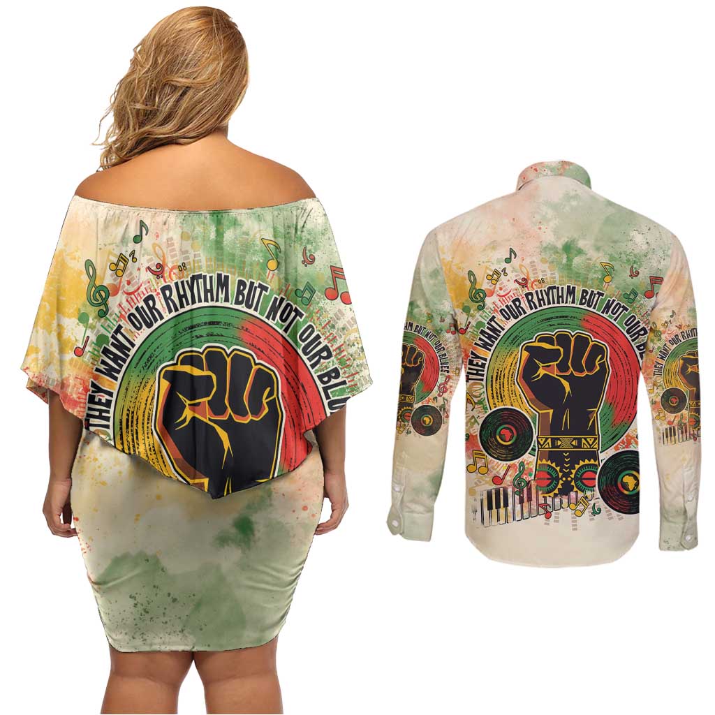 They Want Our Rhythm Not Our Blues Couples Matching Off Shoulder Short Dress and Long Sleeve Button Shirt African Music Pride