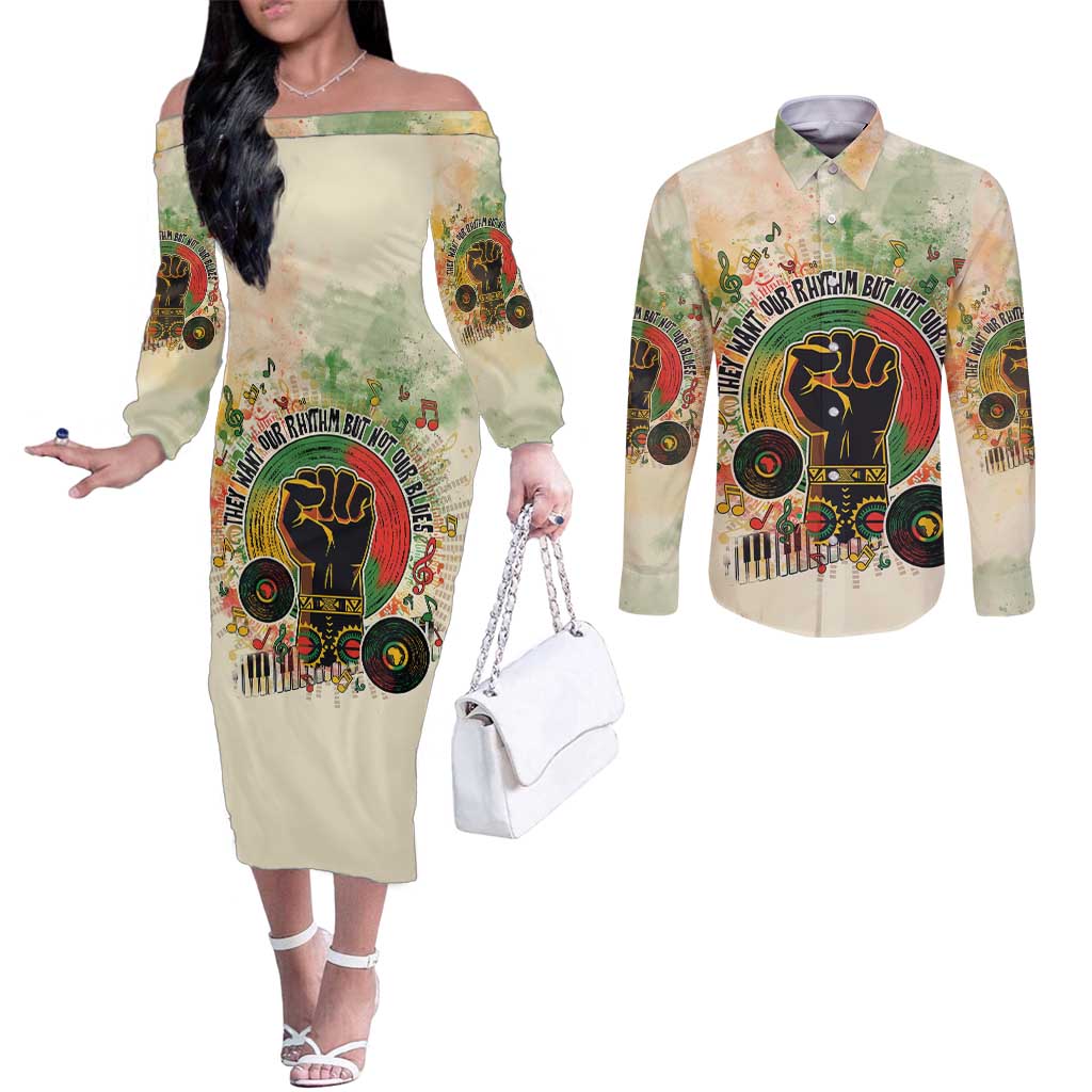 They Want Our Rhythm Not Our Blues Couples Matching Off The Shoulder Long Sleeve Dress and Long Sleeve Button Shirt African Music Pride