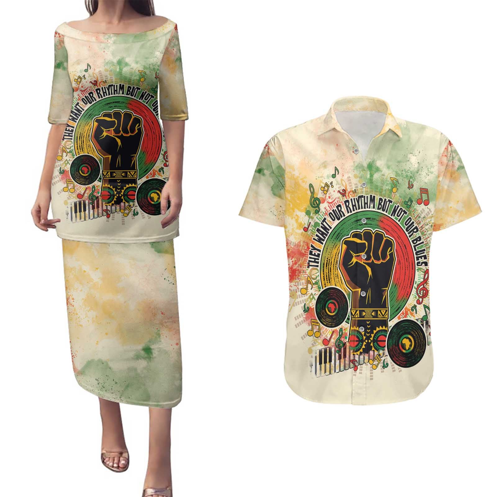 They Want Our Rhythm Not Our Blues Couples Matching Puletasi and Hawaiian Shirt African Music Pride