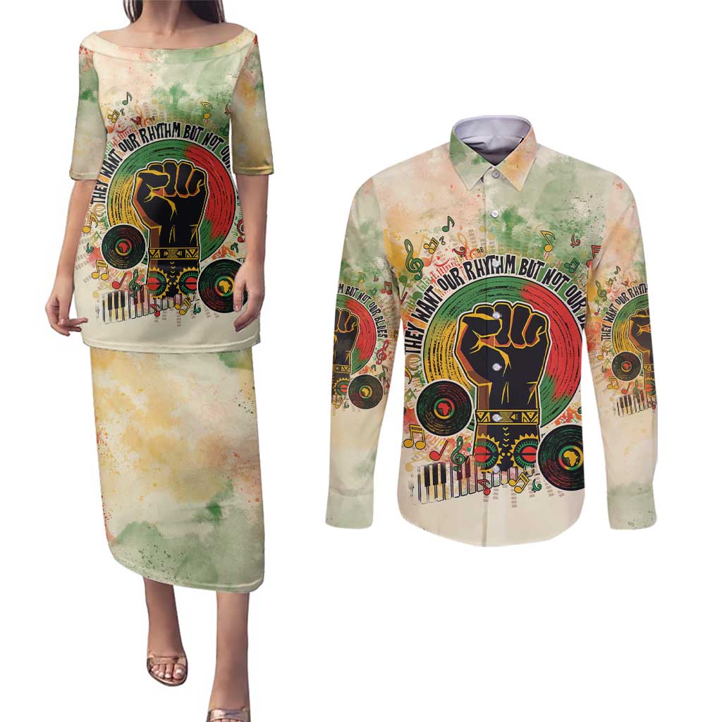 They Want Our Rhythm Not Our Blues Couples Matching Puletasi and Long Sleeve Button Shirt African Music Pride