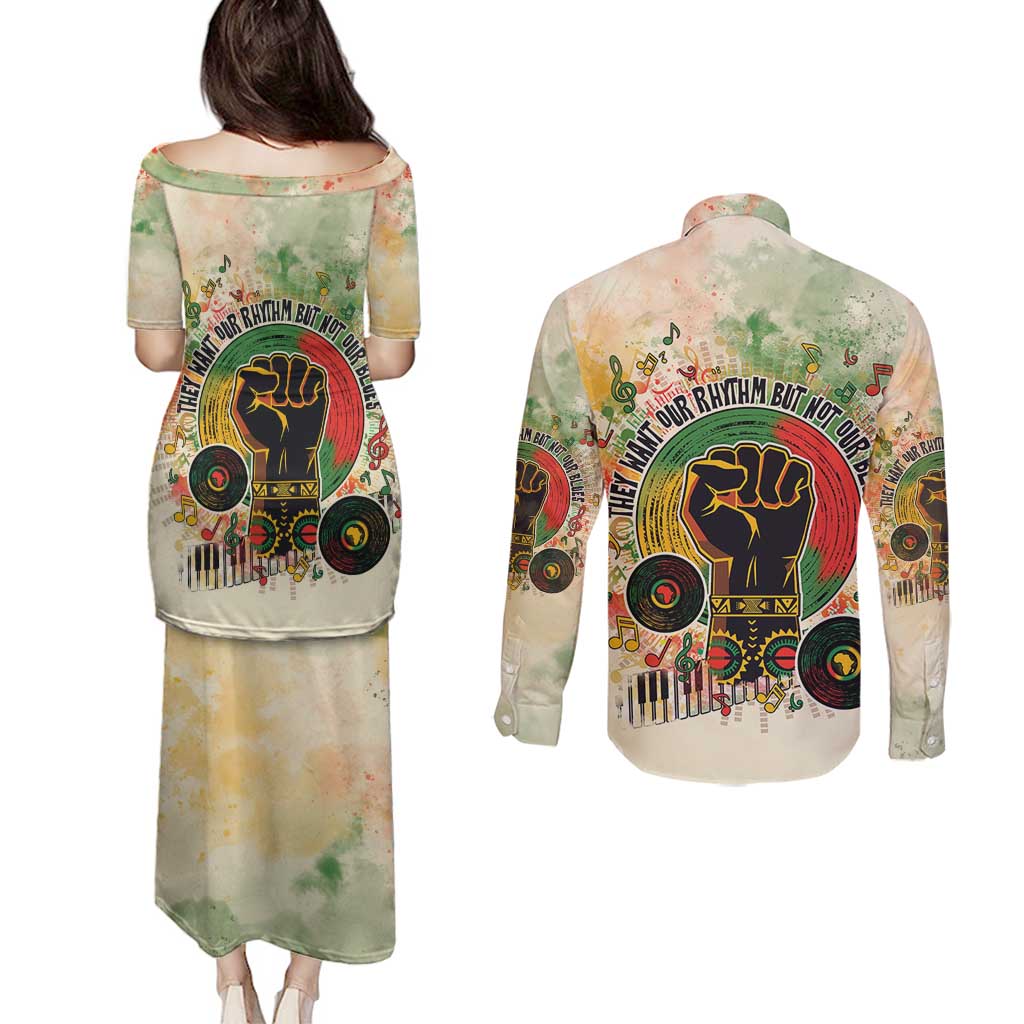 They Want Our Rhythm Not Our Blues Couples Matching Puletasi and Long Sleeve Button Shirt African Music Pride