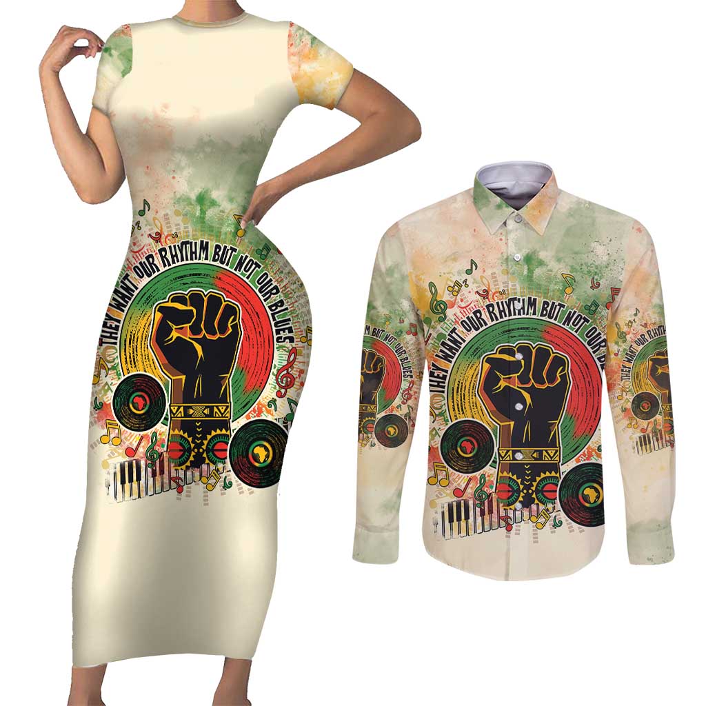 They Want Our Rhythm Not Our Blues Couples Matching Short Sleeve Bodycon Dress and Long Sleeve Button Shirt African Music Pride