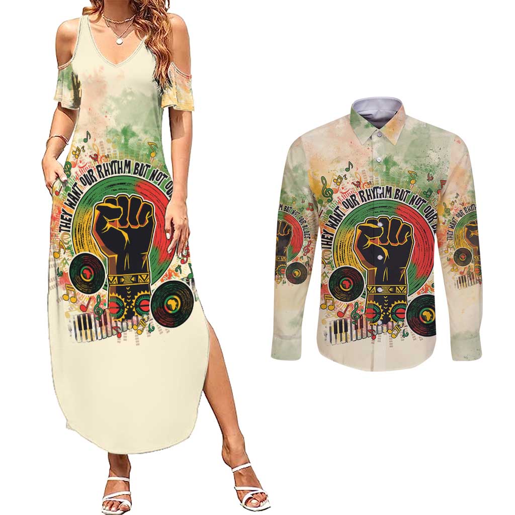 They Want Our Rhythm Not Our Blues Couples Matching Summer Maxi Dress and Long Sleeve Button Shirt African Music Pride