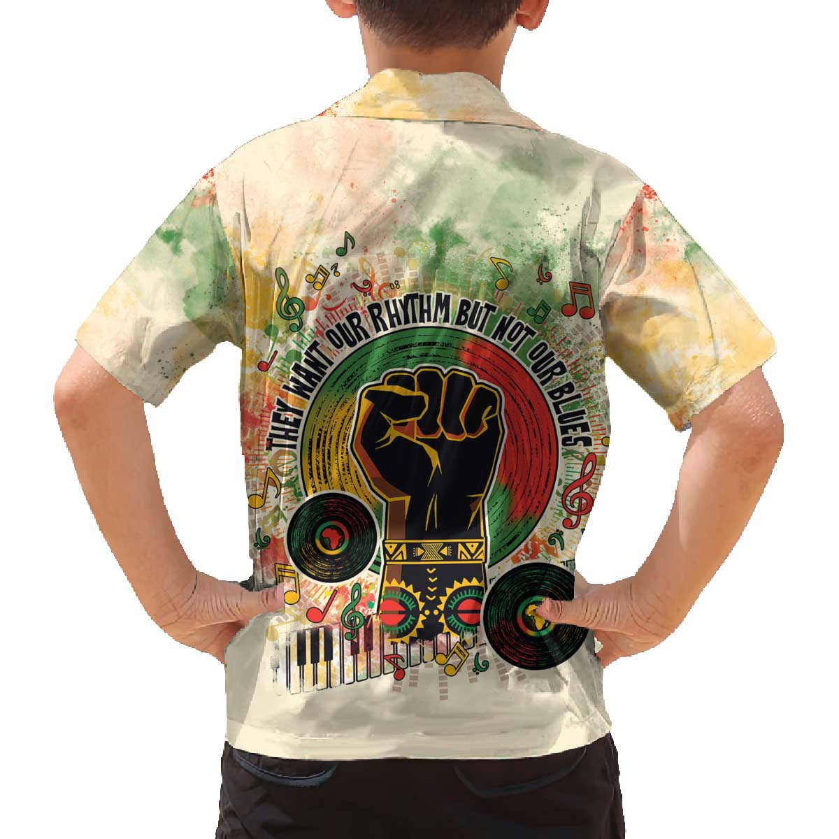 They Want Our Rhythm Not Our Blues Family Matching Off The Shoulder Long Sleeve Dress and Hawaiian Shirt African Music Pride
