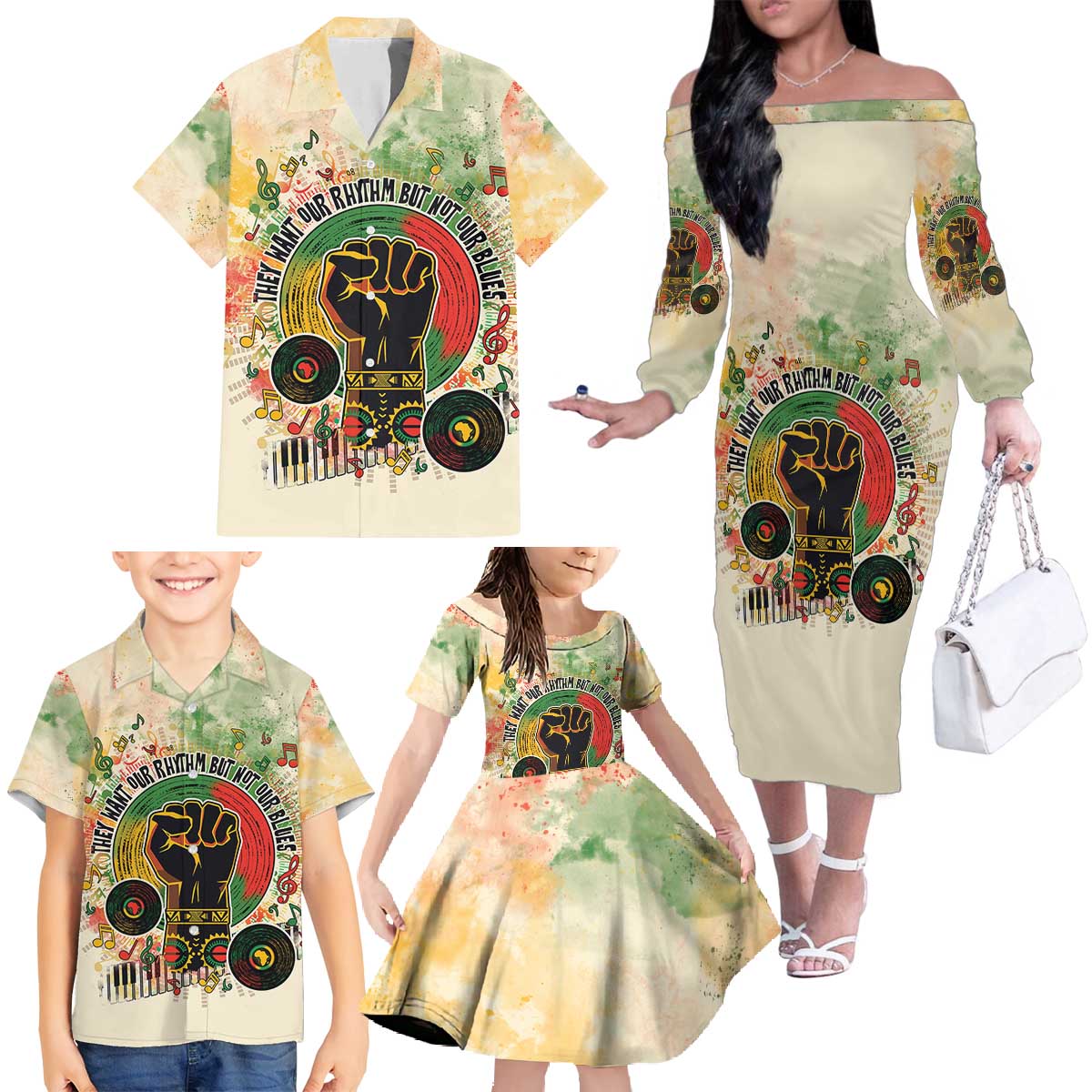 They Want Our Rhythm Not Our Blues Family Matching Off The Shoulder Long Sleeve Dress and Hawaiian Shirt African Music Pride