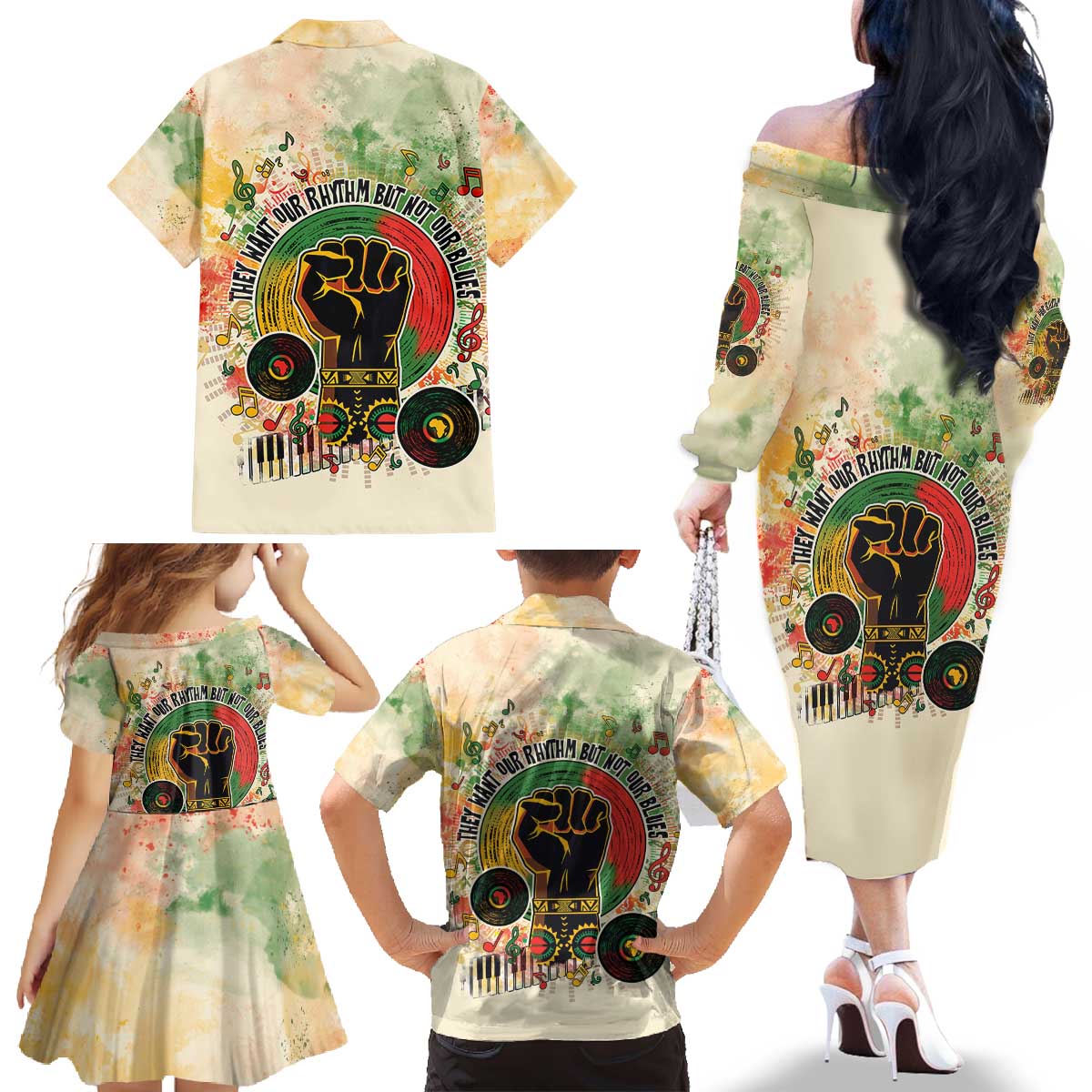 They Want Our Rhythm Not Our Blues Family Matching Off The Shoulder Long Sleeve Dress and Hawaiian Shirt African Music Pride