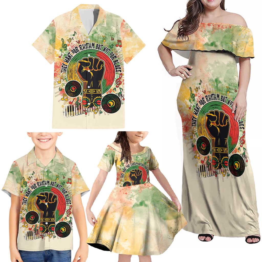 They Want Our Rhythm Not Our Blues Family Matching Off Shoulder Maxi Dress and Hawaiian Shirt African Music Pride