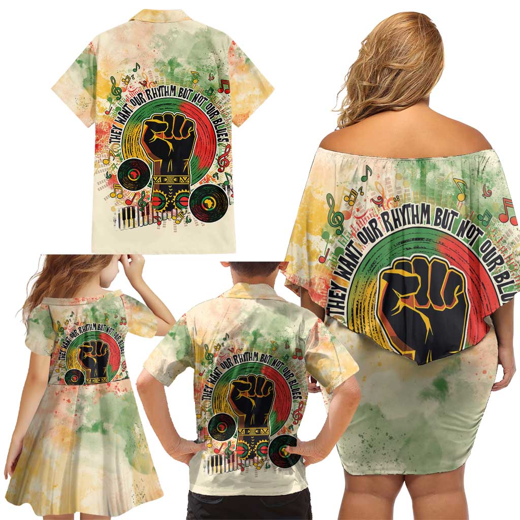 They Want Our Rhythm Not Our Blues Family Matching Off Shoulder Short Dress and Hawaiian Shirt African Music Pride