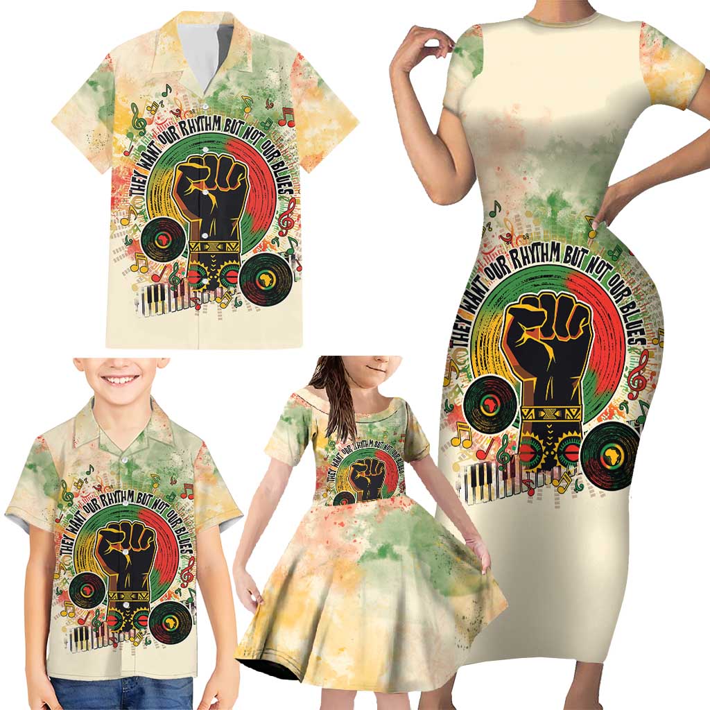 They Want Our Rhythm Not Our Blues Family Matching Short Sleeve Bodycon Dress and Hawaiian Shirt African Music Pride