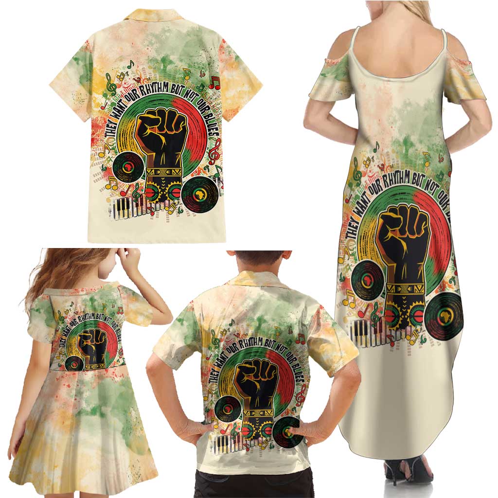 They Want Our Rhythm Not Our Blues Family Matching Summer Maxi Dress and Hawaiian Shirt African Music Pride