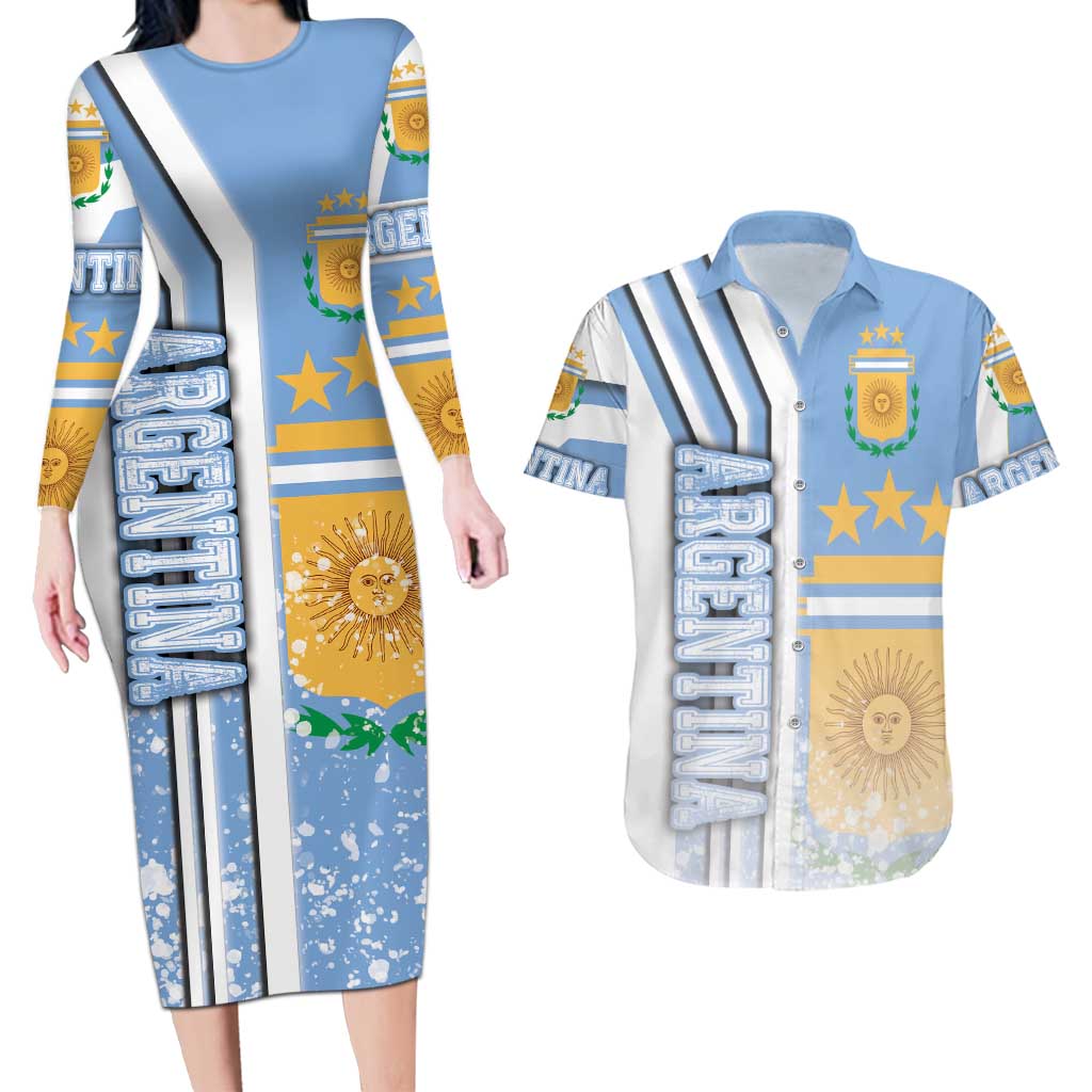 Argentina Football Couples Matching Long Sleeve Bodycon Dress and Hawaiian Shirt La Albiceleste Soccer - Road To Champion