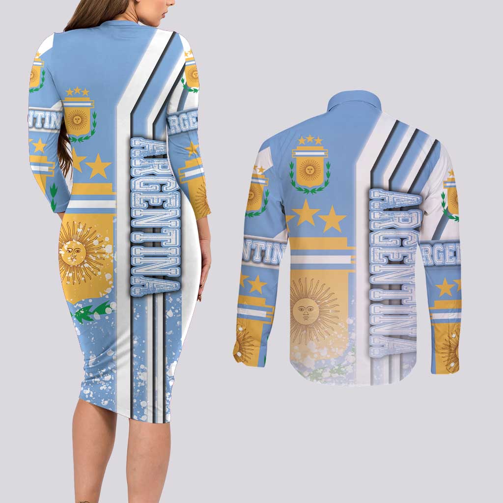 Argentina Football Couples Matching Long Sleeve Bodycon Dress and Long Sleeve Button Shirt La Albiceleste Soccer - Road To Champion