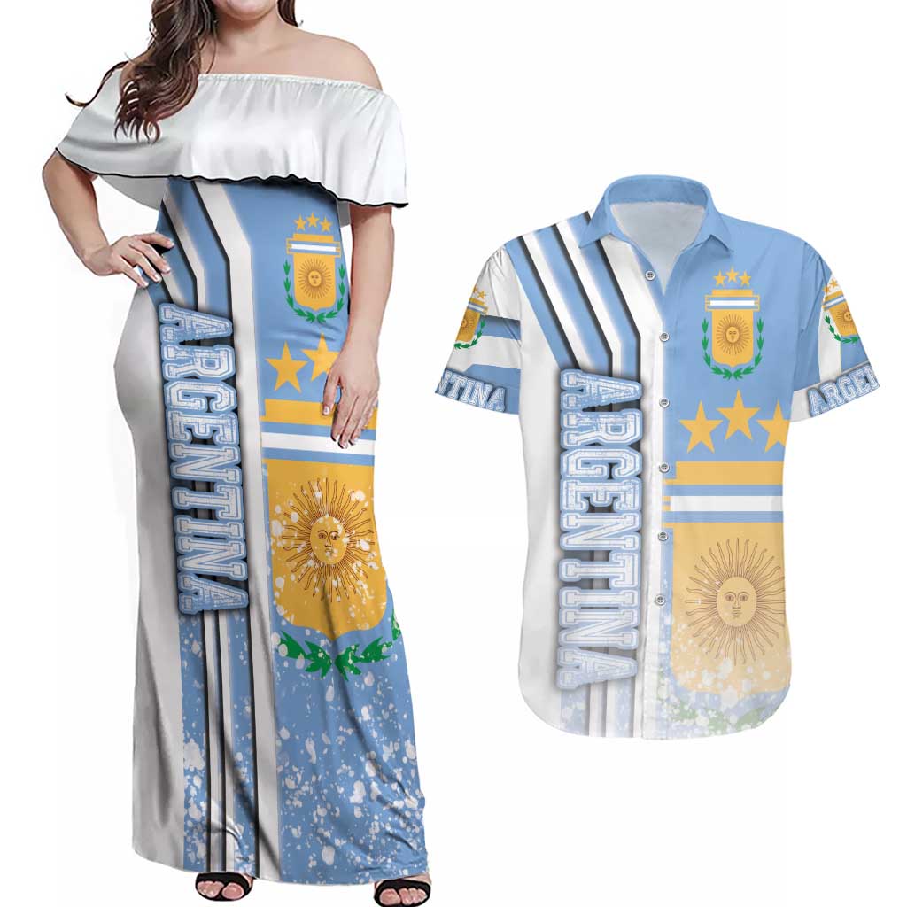 Argentina Football Couples Matching Off Shoulder Maxi Dress and Hawaiian Shirt La Albiceleste Soccer - Road To Champion