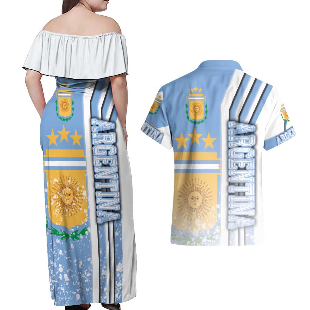 Argentina Football Couples Matching Off Shoulder Maxi Dress and Hawaiian Shirt La Albiceleste Soccer - Road To Champion