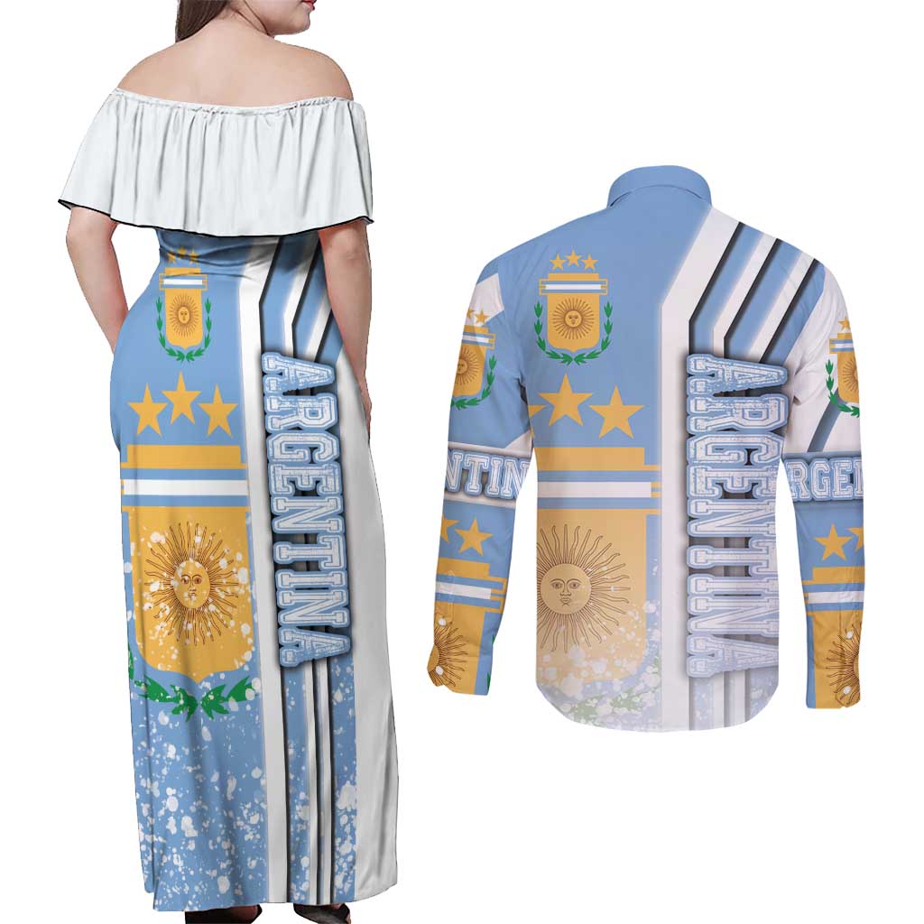 Argentina Football Couples Matching Off Shoulder Maxi Dress and Long Sleeve Button Shirt La Albiceleste Soccer - Road To Champion