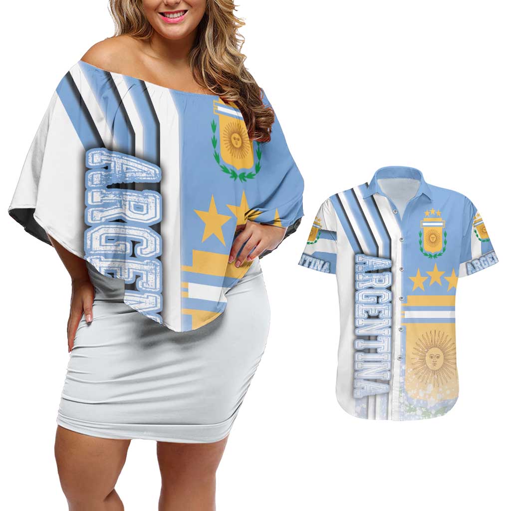 Argentina Football Couples Matching Off Shoulder Short Dress and Hawaiian Shirt La Albiceleste Soccer - Road To Champion