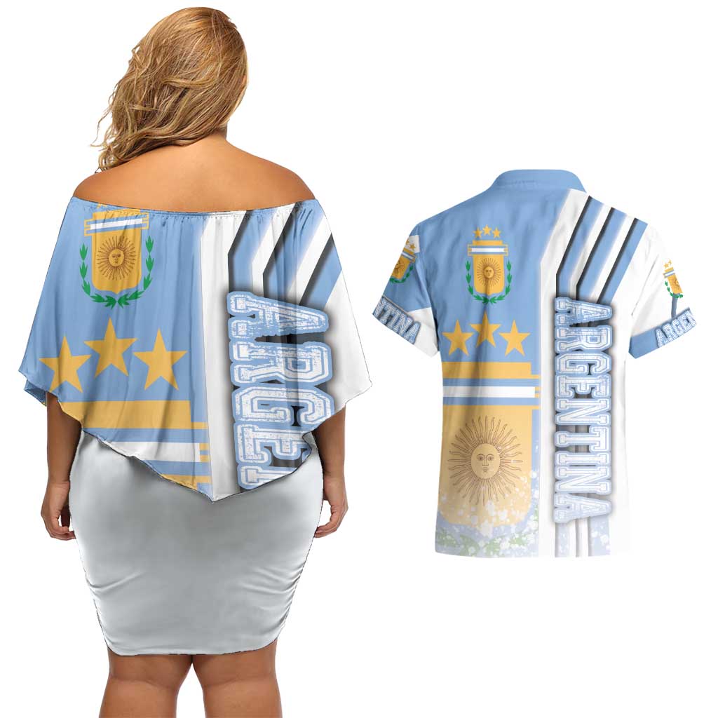 Argentina Football Couples Matching Off Shoulder Short Dress and Hawaiian Shirt La Albiceleste Soccer - Road To Champion