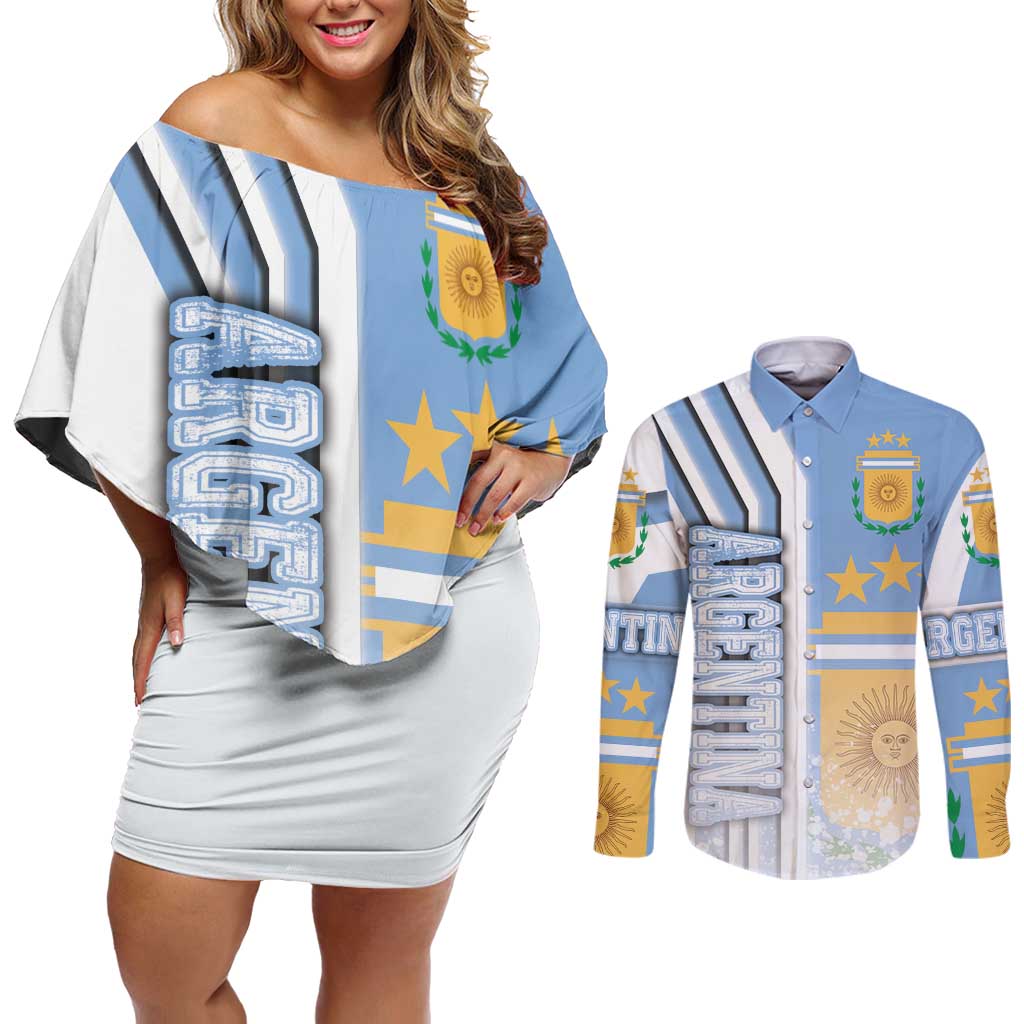 Argentina Football Couples Matching Off Shoulder Short Dress and Long Sleeve Button Shirt La Albiceleste Soccer - Road To Champion