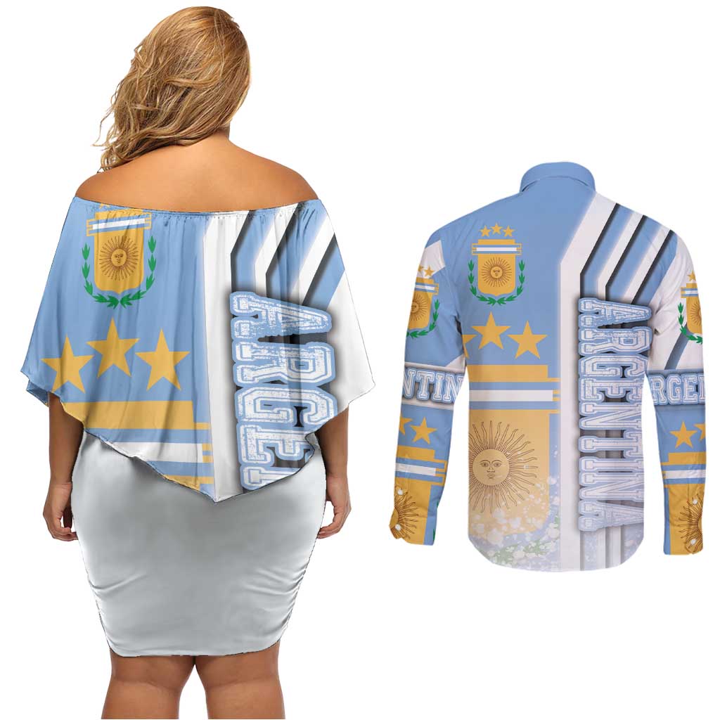 Argentina Football Couples Matching Off Shoulder Short Dress and Long Sleeve Button Shirt La Albiceleste Soccer - Road To Champion