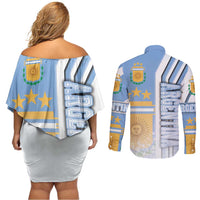 Argentina Football Couples Matching Off Shoulder Short Dress and Long Sleeve Button Shirt La Albiceleste Soccer - Road To Champion