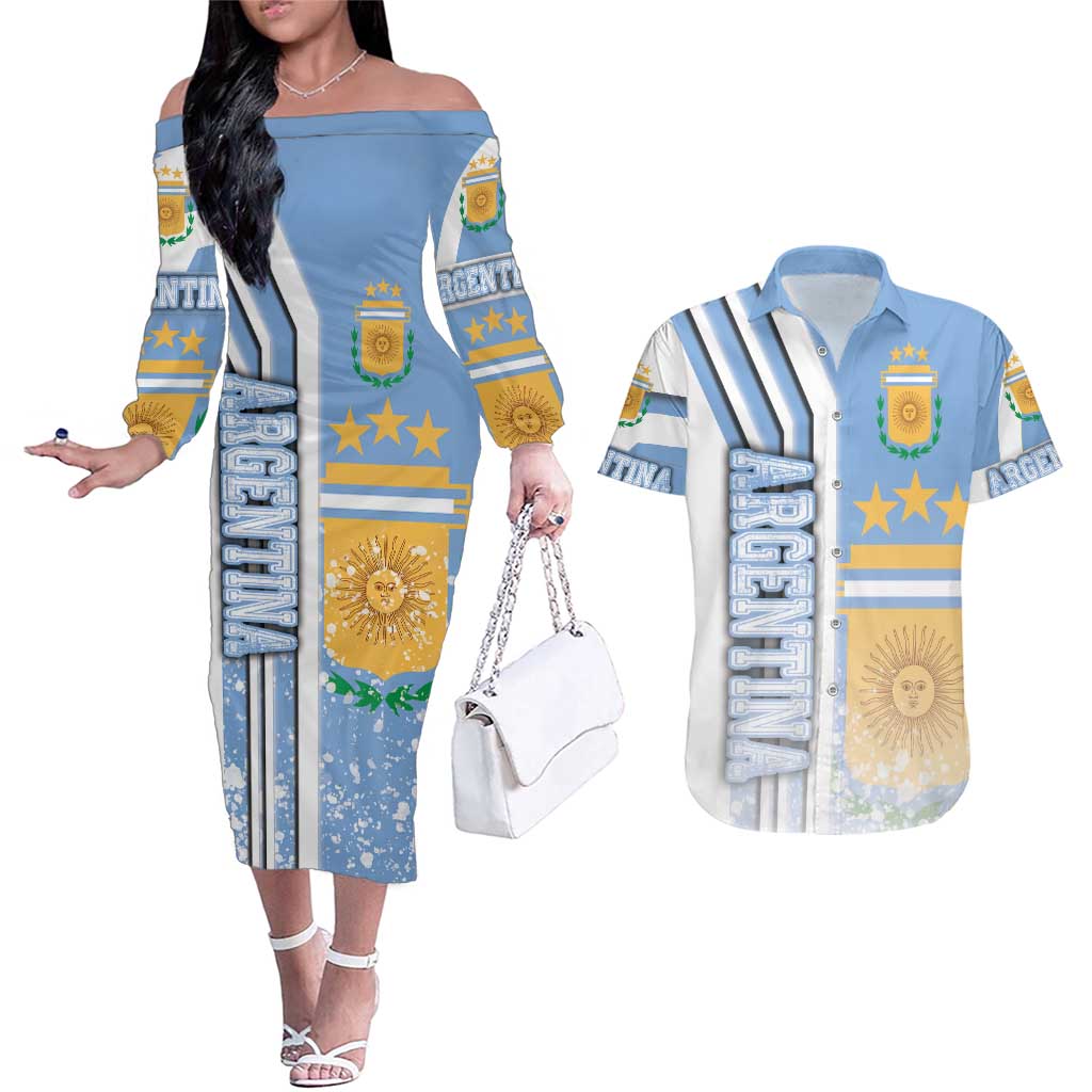 Argentina Football Couples Matching Off The Shoulder Long Sleeve Dress and Hawaiian Shirt La Albiceleste Soccer - Road To Champion