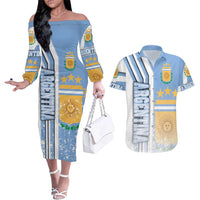 Argentina Football Couples Matching Off The Shoulder Long Sleeve Dress and Hawaiian Shirt La Albiceleste Soccer - Road To Champion