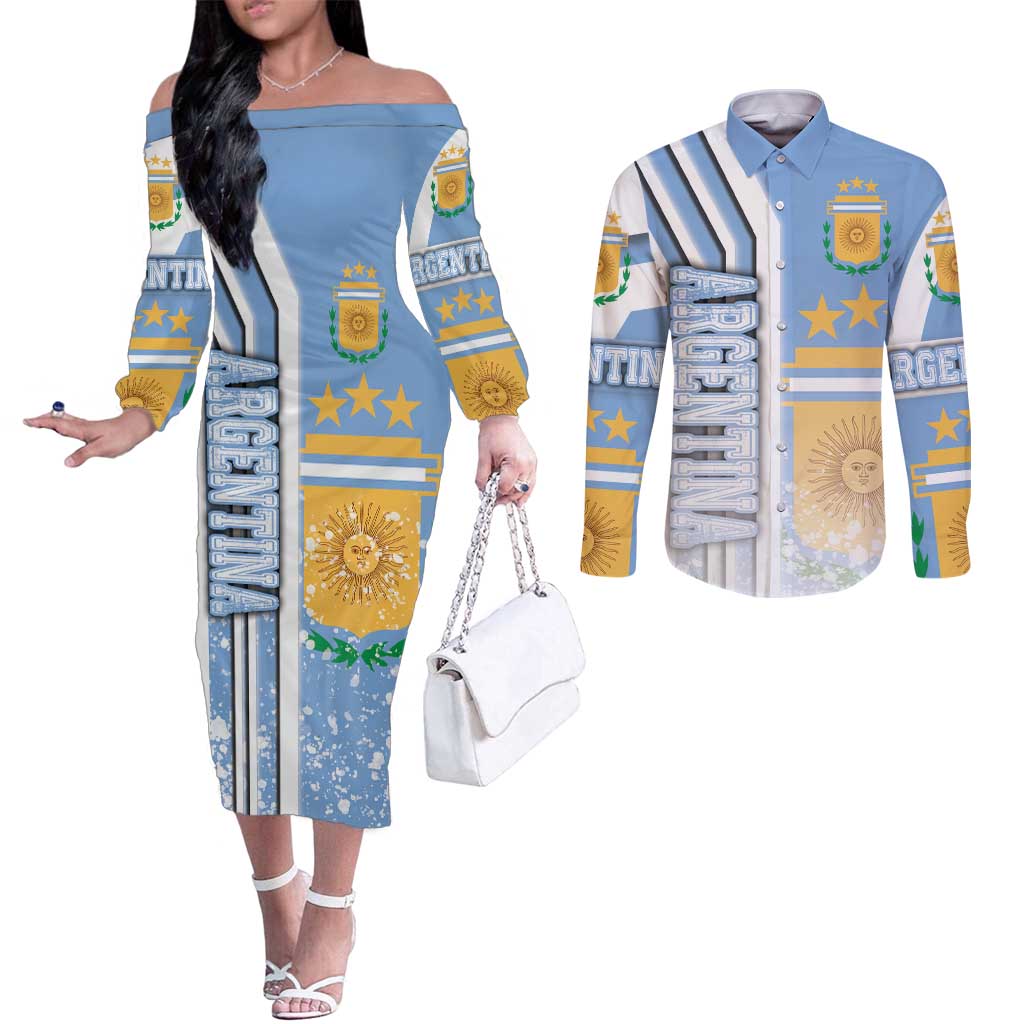Argentina Football Couples Matching Off The Shoulder Long Sleeve Dress and Long Sleeve Button Shirt La Albiceleste Soccer - Road To Champion