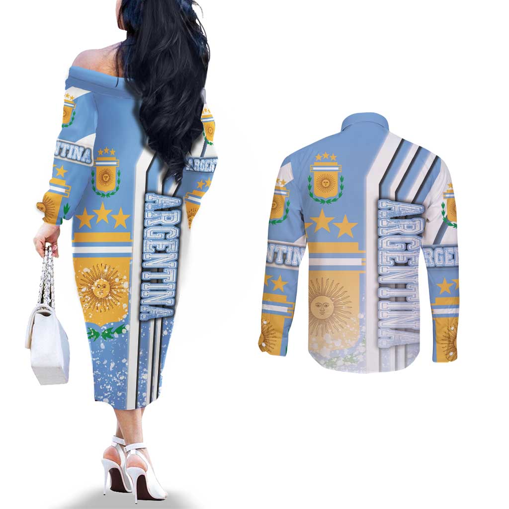 Argentina Football Couples Matching Off The Shoulder Long Sleeve Dress and Long Sleeve Button Shirt La Albiceleste Soccer - Road To Champion