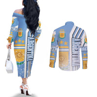 Argentina Football Couples Matching Off The Shoulder Long Sleeve Dress and Long Sleeve Button Shirt La Albiceleste Soccer - Road To Champion