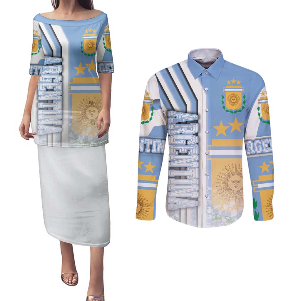 Argentina Football Couples Matching Puletasi and Long Sleeve Button Shirt La Albiceleste Soccer - Road To Champion