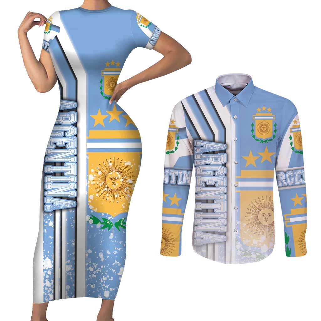 Argentina Football Couples Matching Short Sleeve Bodycon Dress and Long Sleeve Button Shirt La Albiceleste Soccer - Road To Champion
