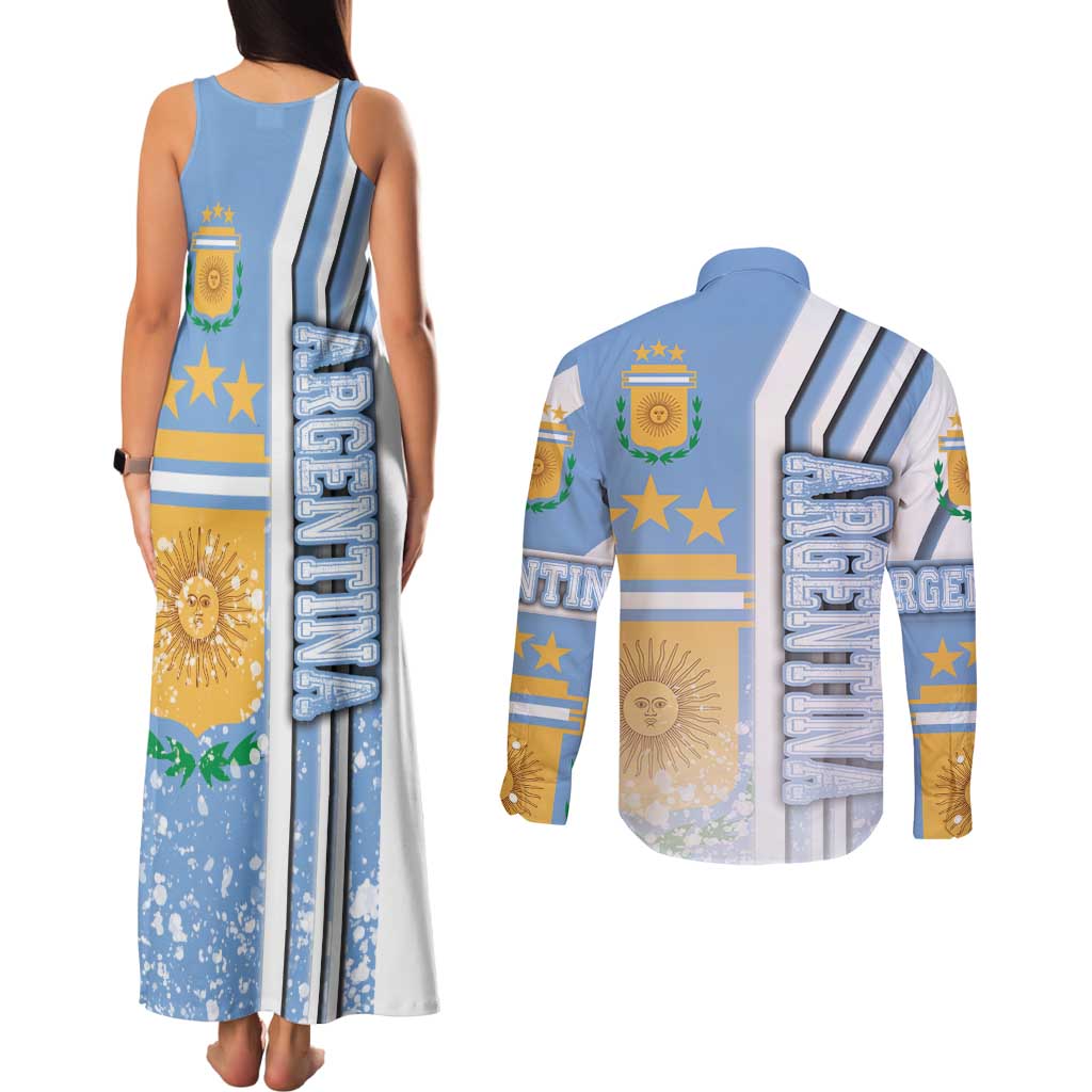 Argentina Football Couples Matching Tank Maxi Dress and Long Sleeve Button Shirt La Albiceleste Soccer - Road To Champion