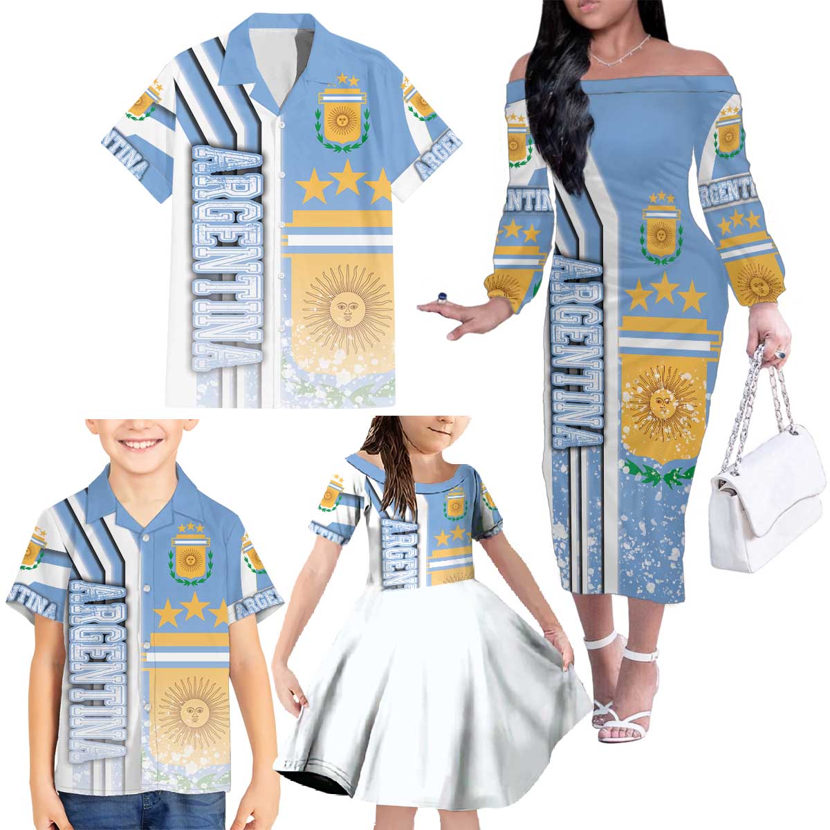 Argentina Football Family Matching Off The Shoulder Long Sleeve Dress and Hawaiian Shirt La Albiceleste Soccer - Road To Champion