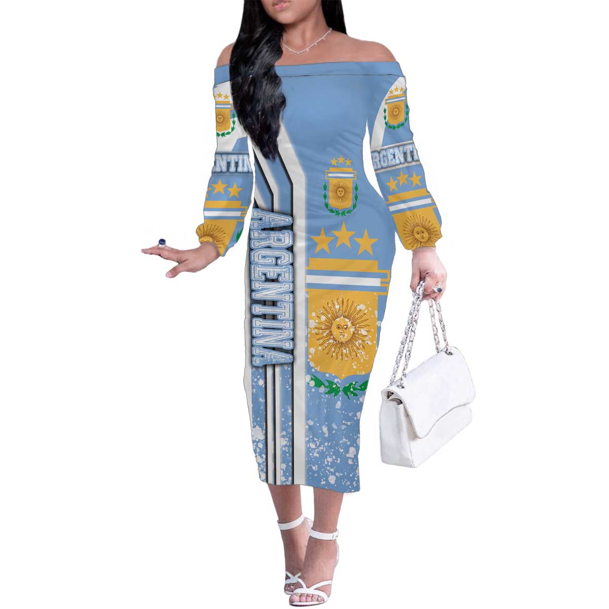 Argentina Football Family Matching Off The Shoulder Long Sleeve Dress and Hawaiian Shirt La Albiceleste Soccer - Road To Champion
