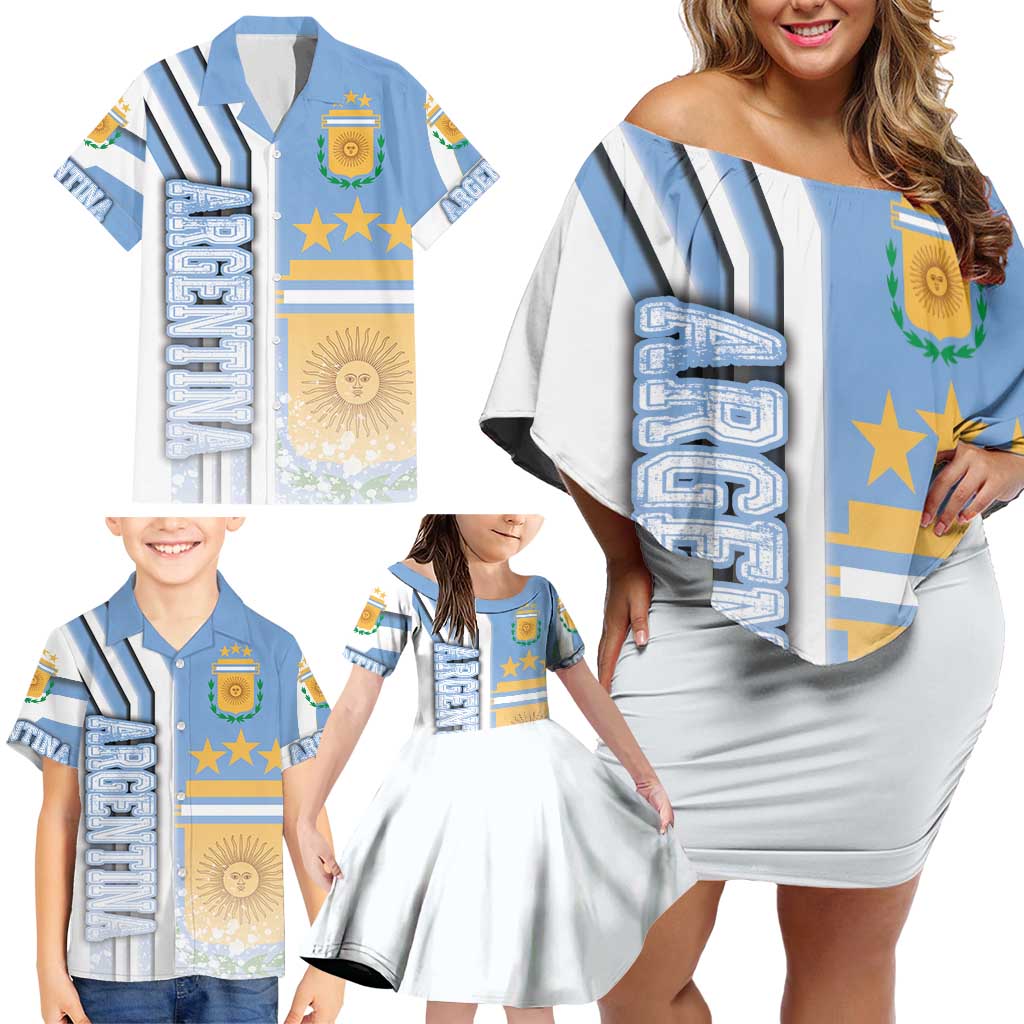 Argentina Football Family Matching Off Shoulder Short Dress and Hawaiian Shirt La Albiceleste Soccer - Road To Champion