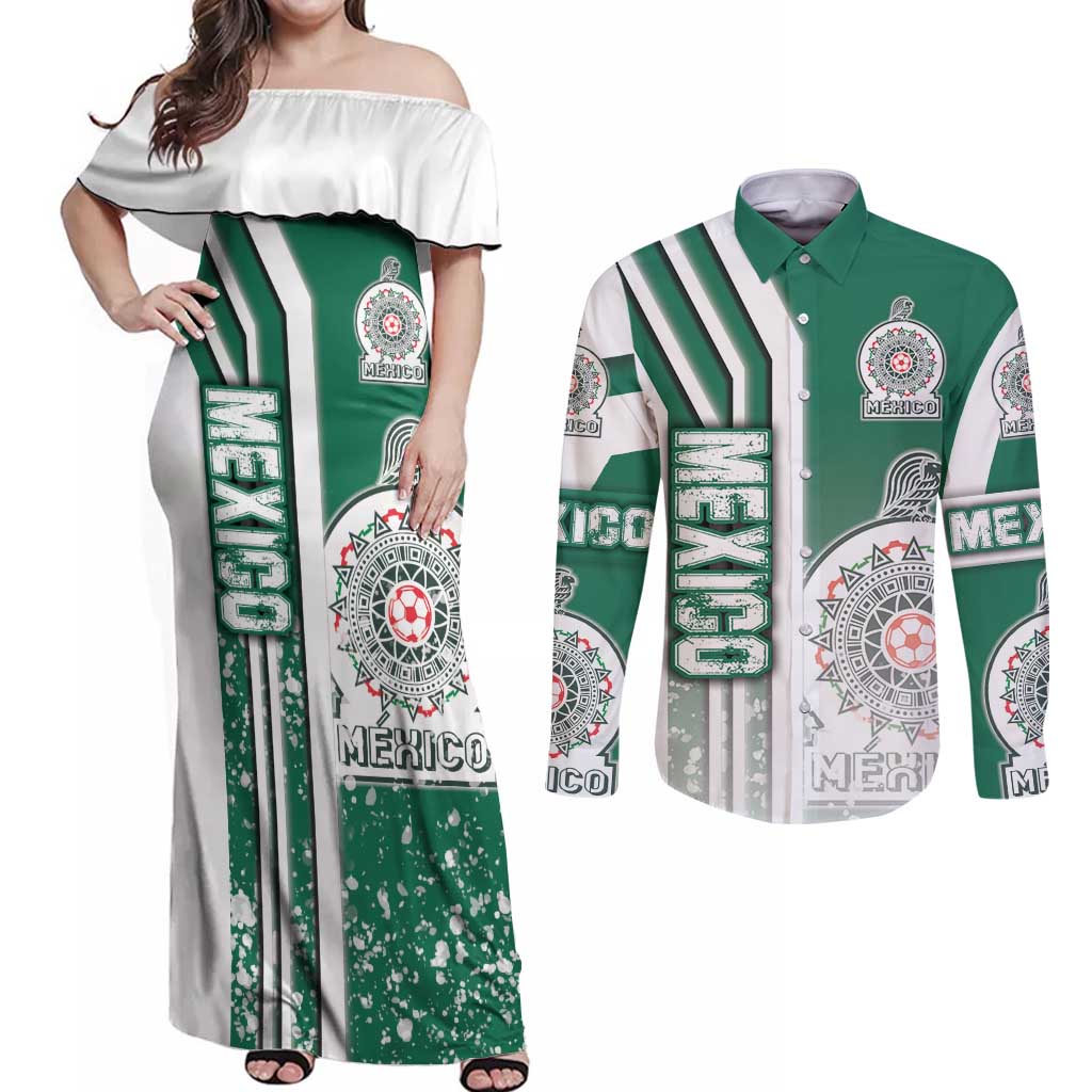Mexico Football Couples Matching Off Shoulder Maxi Dress and Long Sleeve Button Shirt El Tri Soccer - Road To Champion - Wonder Print Shop