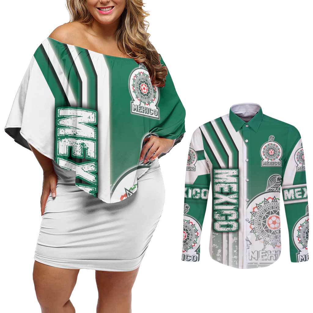 Mexico Football Couples Matching Off Shoulder Short Dress and Long Sleeve Button Shirt El Tri Soccer - Road To Champion - Wonder Print Shop