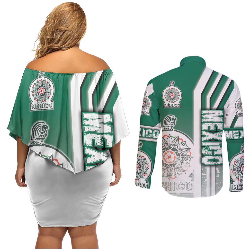 Mexico Football Couples Matching Off Shoulder Short Dress and Long Sleeve Button Shirt El Tri Soccer - Road To Champion - Wonder Print Shop