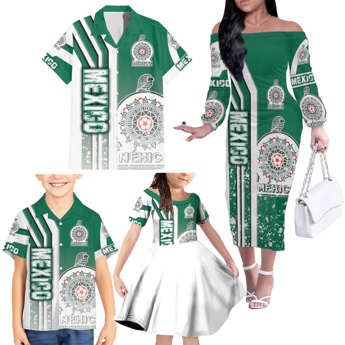 Mexico Football Family Matching Off The Shoulder Long Sleeve Dress and Hawaiian Shirt El Tri Soccer - Road To Champion - Wonder Print Shop
