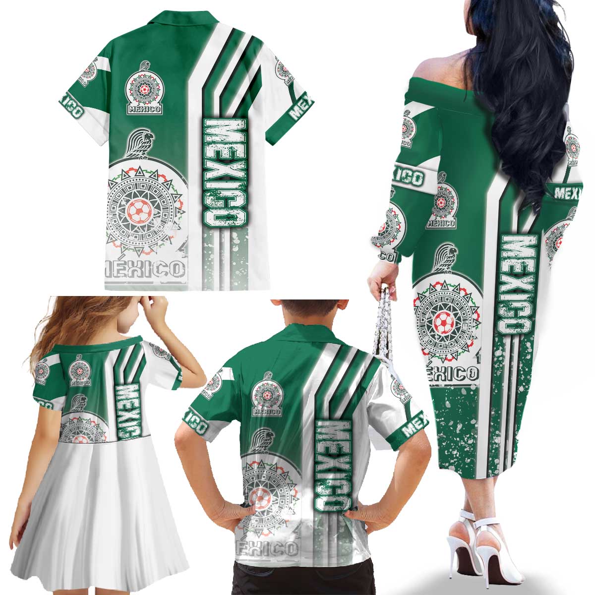 Mexico Football Family Matching Off The Shoulder Long Sleeve Dress and Hawaiian Shirt El Tri Soccer - Road To Champion - Wonder Print Shop