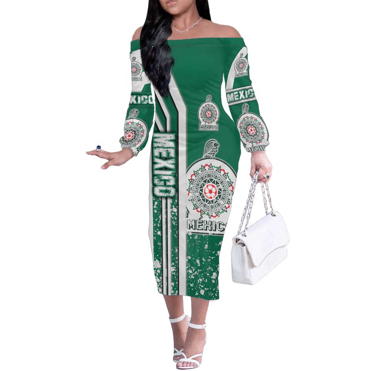Mexico Football Family Matching Off The Shoulder Long Sleeve Dress and Hawaiian Shirt El Tri Soccer - Road To Champion - Wonder Print Shop